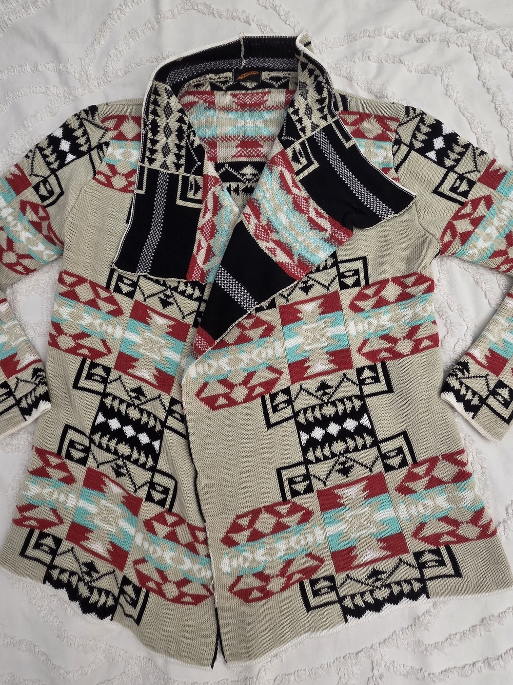Native Aztec-Pattern Open-Front Cardigan - Cream, Red & Turquoise